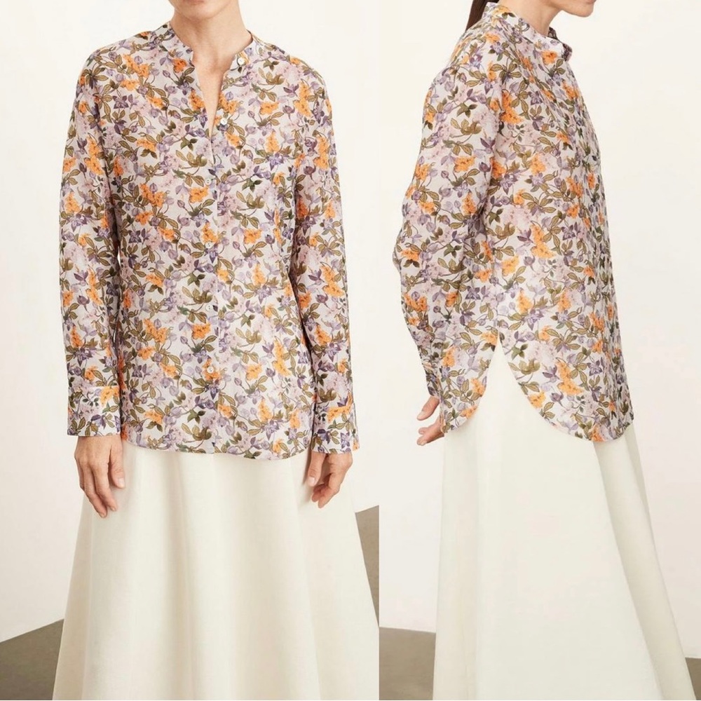 🔖Vince Wisteria Vine Button-Up Blouse Purple Yellow Floral Band Collar